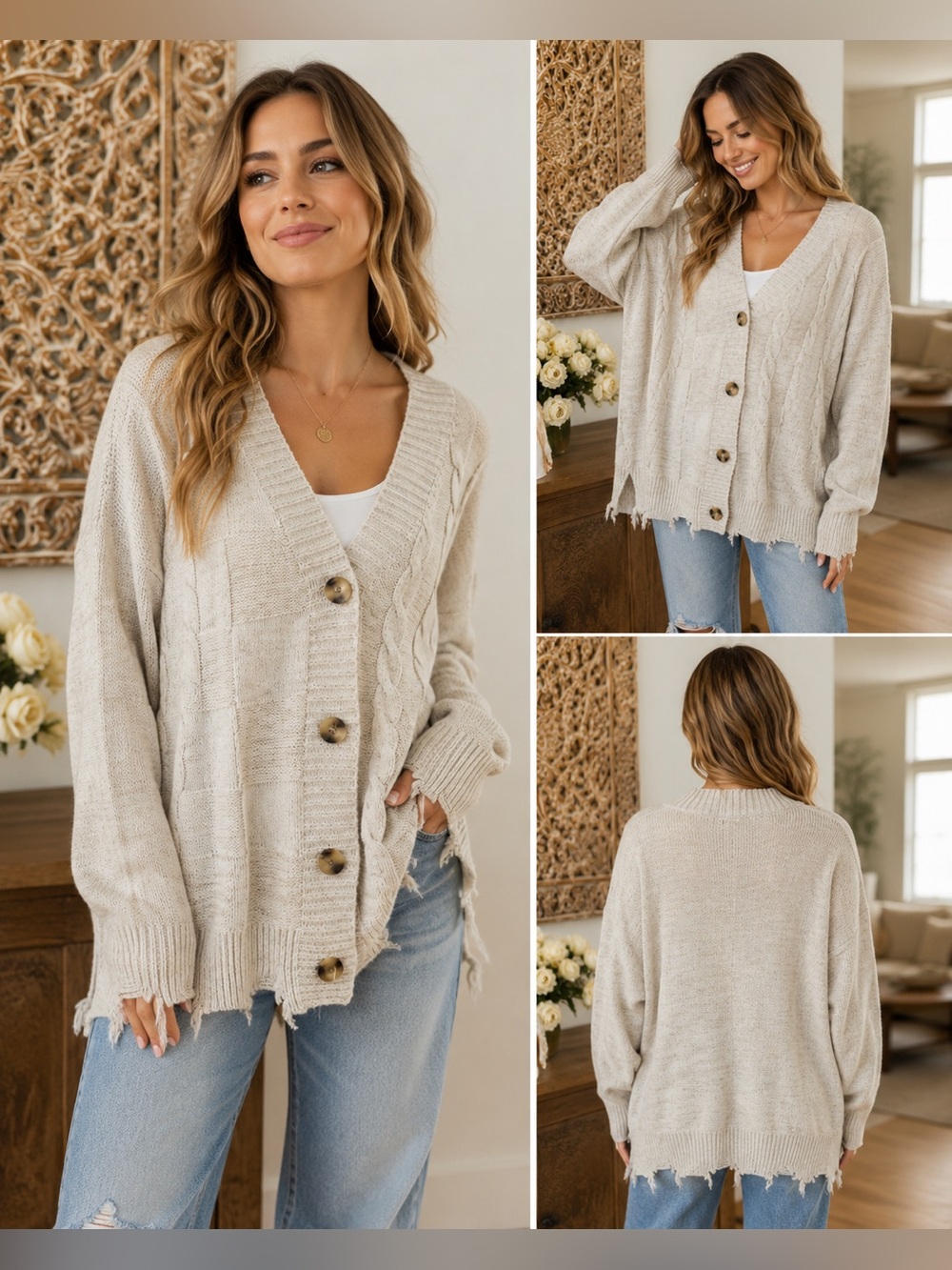 Sugar Moon Oversized Cream Soft Knit Relaxed Fit Cardigan Sweater Distressed Hem